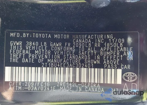 2010 Toyota Corolla Le z USA, uszkodzony, nr VIN 2T1BU4EE3AC302401